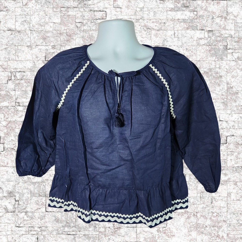J.Crew Swing Blue Top Rickrack Trim L7449 Navy Puff Sleeve Blouse Womens XS NEW - Picture 3 of 6